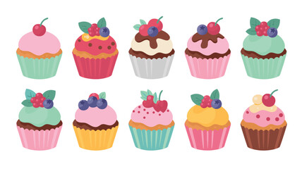 Cartoon Cupcakes with Colorful Frosting and Toppings, Perfect for Celebrations and Sweet Treats