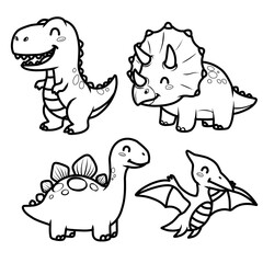Cute Black and White Cartoon Dinosaurs Illustration for Coloring or Design Projects
