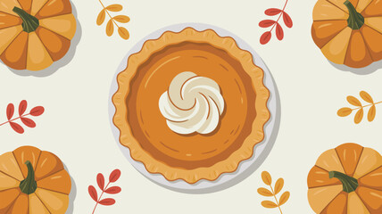Cartoon Pumpkin Pie with Whipped Cream, Pumpkins, and Autumn Leaves Background Illustration
