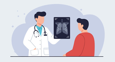 Medical professional showing a chest x-ray to a patient during a hospital consultation for a health diagnosis