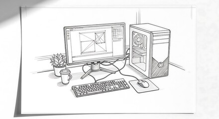 Hand-drawn sketch of computer setup on white paper, sharp pencil detail, soft lighting, authentic artistic moment.