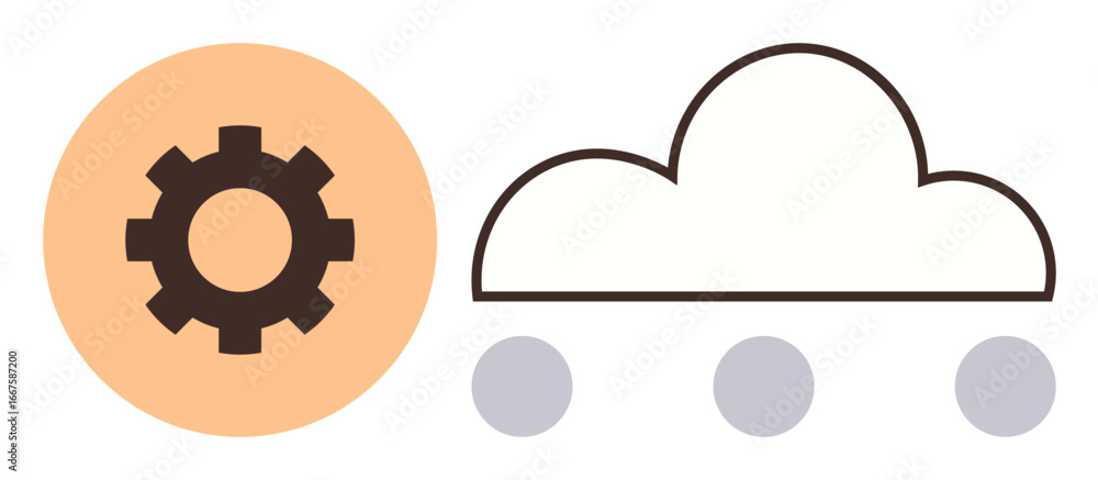 Aufkleber gear overlapping with an orange circle beside a cloud linked to dots. ideal for innovation, cloud co