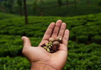 Handful of Exotic Spices Against Lush Green Plantation Background