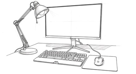 Hand-drawn sketch of computer setup on white paper, sharp pencil detail, soft lighting, authentic artistic moment.