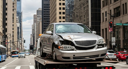 Gray broken car is taken away on a tow truck along the highway in the city, roadside assistance service. The concept of an accident and towing, footage.