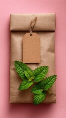 Kraft gift wrap with mint leaves and tag