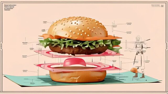 Technical scheme of a deconstructed gourmet hamburger showing layers of bun, lettuce, cheese, beef patty, onions, tomato, and bacon with blueprint annotations and intricate diagram elements. Generated