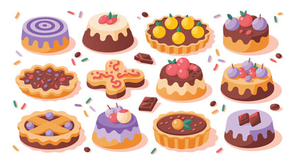 Colorful Cartoon Dessert Assortment Tarts, Cakes, and Cookie Illustration on White Background