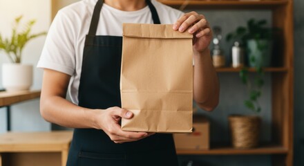 Person in apron holding a brown paper bag for takeout or delivery service