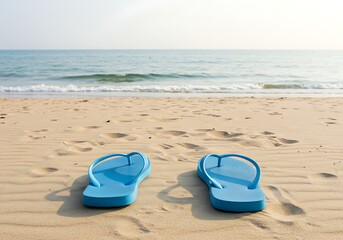 Blue Flip Flops on Sandy Beach with Ocean View