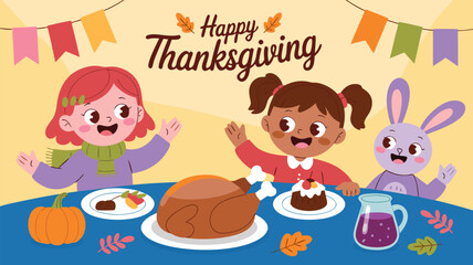 Festive Thanksgiving Celebration Cartoon Girls, Turkey, Pumpkin, Dessert, Bunny, and Colorful Decorations