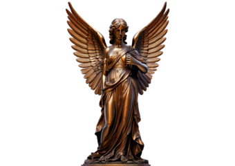 Antique bronze angel sculpture with detailed wings, showcasing vintage craftsmanship. isolated on transparent or white background