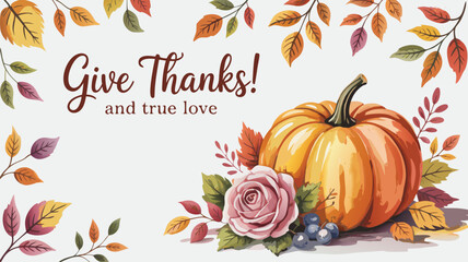 Give Thanks Autumn Illustration Pumpkin, Rose, Blueberries, and Fall Foliage for Thanksgiving Season