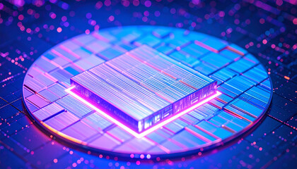 Obraz premium Technology's Heart: A close-up showcases the mesmerizing details of a central processing unit (CPU) chip, illuminated by vibrant light, highlighting its intricate design.