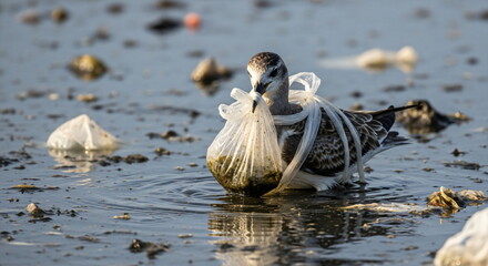 Bird entangled in plastic waste. Environmental pollution of ocean and wildlife. Sea bird captured on an island with ocean plastic.