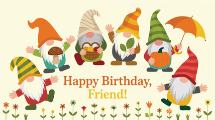 Happy Birthday Friend Illustration of Cheerful Gnomes with Presents and Flowers for Celebrations