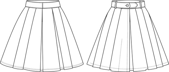Vector fashion flat sketch of women’s pleated skirt front and back views with box pleats, wide waistband, button tab closure, and seams