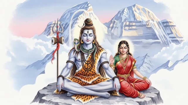 Lord Shiva and Parvati Meditating on Mount Kailash Divine Union for Hartalika Teej and Pradosh Vrat Observance