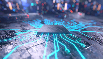 Digital Core: A close-up perspective of a futuristic circuit board and central processor, illustrating advanced technology in a visually rich environment.