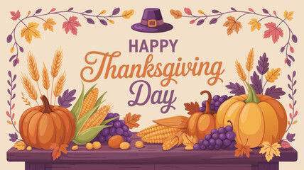 Happy Thanksgiving Day Pumpkins, Corn, Grapes, Wheat, and Pilgrim Hat on Wooden Surface