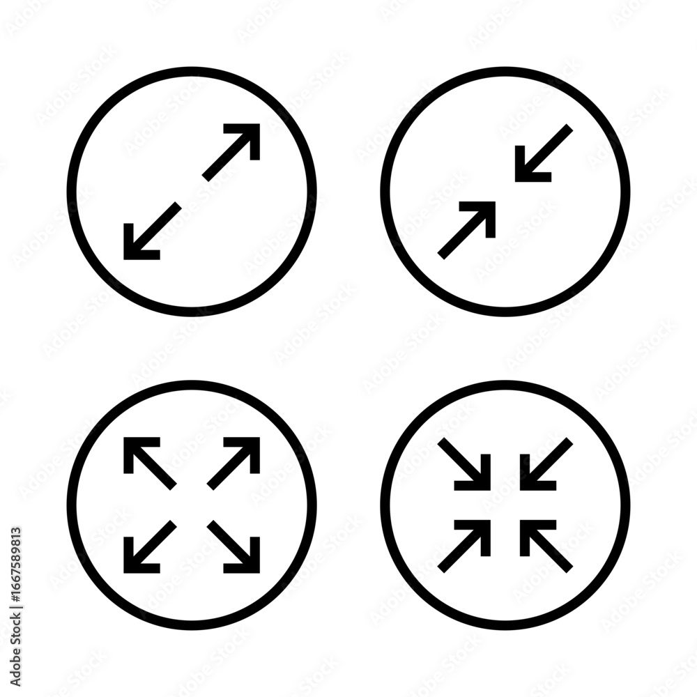 Poster expand and collapse arrow icon in circular outline. maximize and minimize screen symbol
