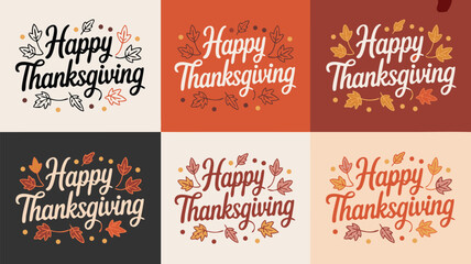 Happy Thanksgiving Greetings with Autumn Leaves in Six Color Variations and Backgrounds Square Grid