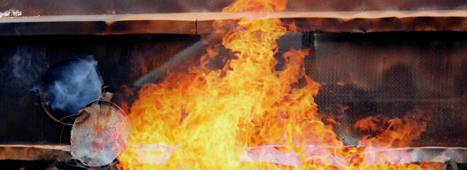 Banner Fire explosion flammable car fire on street smoke, hot danger flame burning effect. Fire...