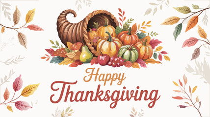 Happy Thanksgiving Horn of Plenty with Pumpkins, Fruits, and Autumn Leaves on White