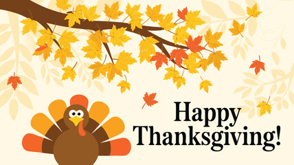 Happy Thanksgiving Illustration with Cartoon Turkey and Fall Leaves on a Branch Design