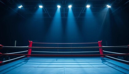 Fototapeta premium Elevated view of a professional boxing ring, ropes and canvas clearly visible, arena, boxing match