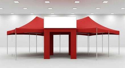 Modular Red Canopy Tents with Central Archway and Blank Sign in Bright Exhibition Hall.