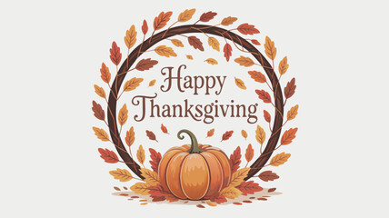 Happy Thanksgiving Illustration with Pumpkin, Autumn Leaves, and Circular Wreath Border on Light Background