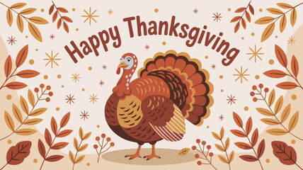 Happy Thanksgiving Turkey with Fall Leaves and Stars, Holiday Illustration for Card Design