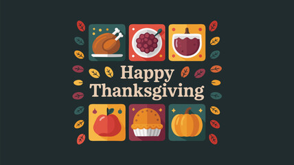 Happy Thanksgiving with Cartoon Turkey, Cranberry Sauce, Wine, Apple, Pumpkin Pie, and Pumpkin