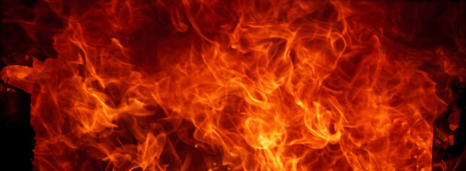 Fototapeta premium Banner Fire explosion flammable car fire on street smoke, hot danger flame burning effect. Fire burn car accident disaster conflagration. Burning red flame high heat inferno explode with copy space