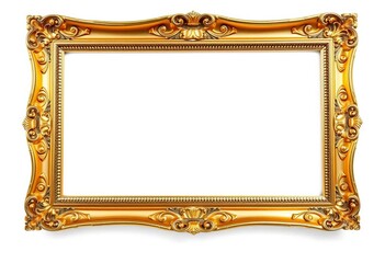 Empty ornate gold picture frame isolated on white background, gold, art