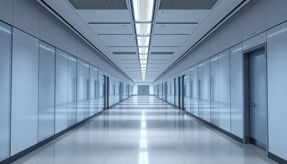 Obraz premium Empty long corridor, modern office building, minimalist design, sleek lines, modern, building