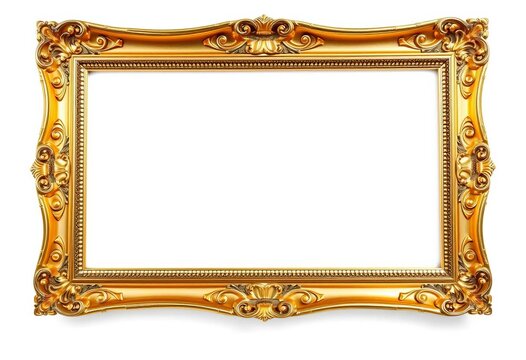 Empty ornate gold picture frame isolated on white background, gold, art - Powered by Adobe