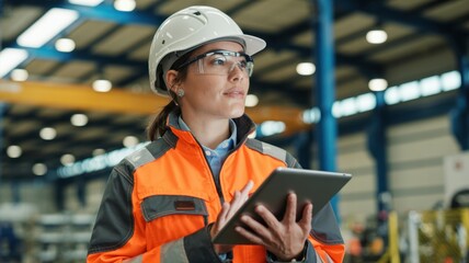 Ai generated image of female engineer wearing a hard hat and safety glasses, holding a tablet computer in a factory or industrial setting