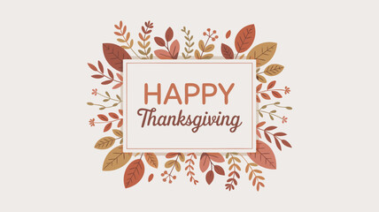 Illustrated Happy Thanksgiving Card with Brown and Orange Leaves on a Beige Background