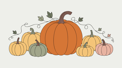 Illustrated Pumpkin Patch Assorted Colors, Sizes, and Autumnal Foliage on Neutral Background