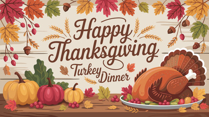 Illustrated Thanksgiving Turkey Dinner, Pumpkins, and Autumn Leaves on Rustic Wood Background