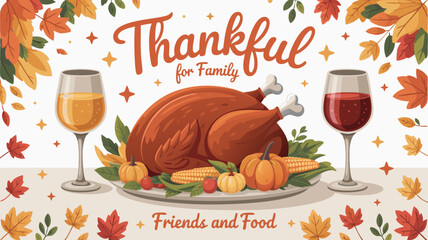 Illustrated Thanksgiving Dinner with Turkey, Wine, Pumpkins, and Autumn Leaves Decoration Around It