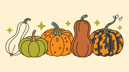 Illustrated Variety of Fall Pumpkins, Butternut Squash, and Stars on a Neutral Background