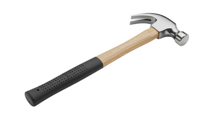 A shiny metal claw hammer with a wooden handle and a black rubber grip isolated on a black background for construction and DIY projects