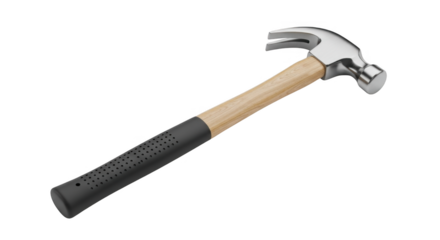 A shiny metal claw hammer with a wooden handle and a black rubber grip isolated on a black background for construction and DIY projects
