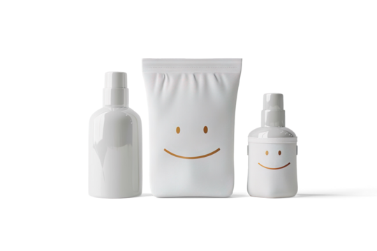 Cute Smiley Face Toiletry Bottles and Pouch Set on a transparent background