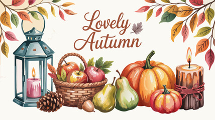 Lovely Autumn Still Life with Lantern, Pumpkins, Apples, Pears, Candle, and Colorful Fall Leaves