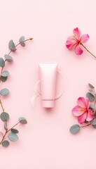 Fototapeta premium Cosmetic Cream Tube Displayed with Flowers and Greenery on a Matching Pink Background for a Delicate and Botanical Vibe