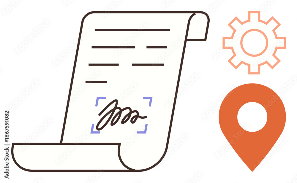 Poster signed scroll with highlighted signature, orange gear, and location pin. ideal for contract, signatu